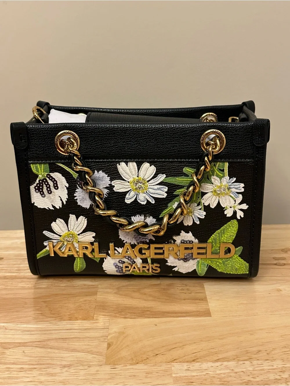 Karl Lagerfeld Black Floral Embroidered Satchel with Gold Chain